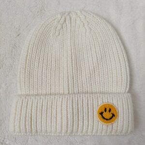 Women's Kids Knit Beanie Smiley Happy Face Tufted Patch White Chunky Winter Hat